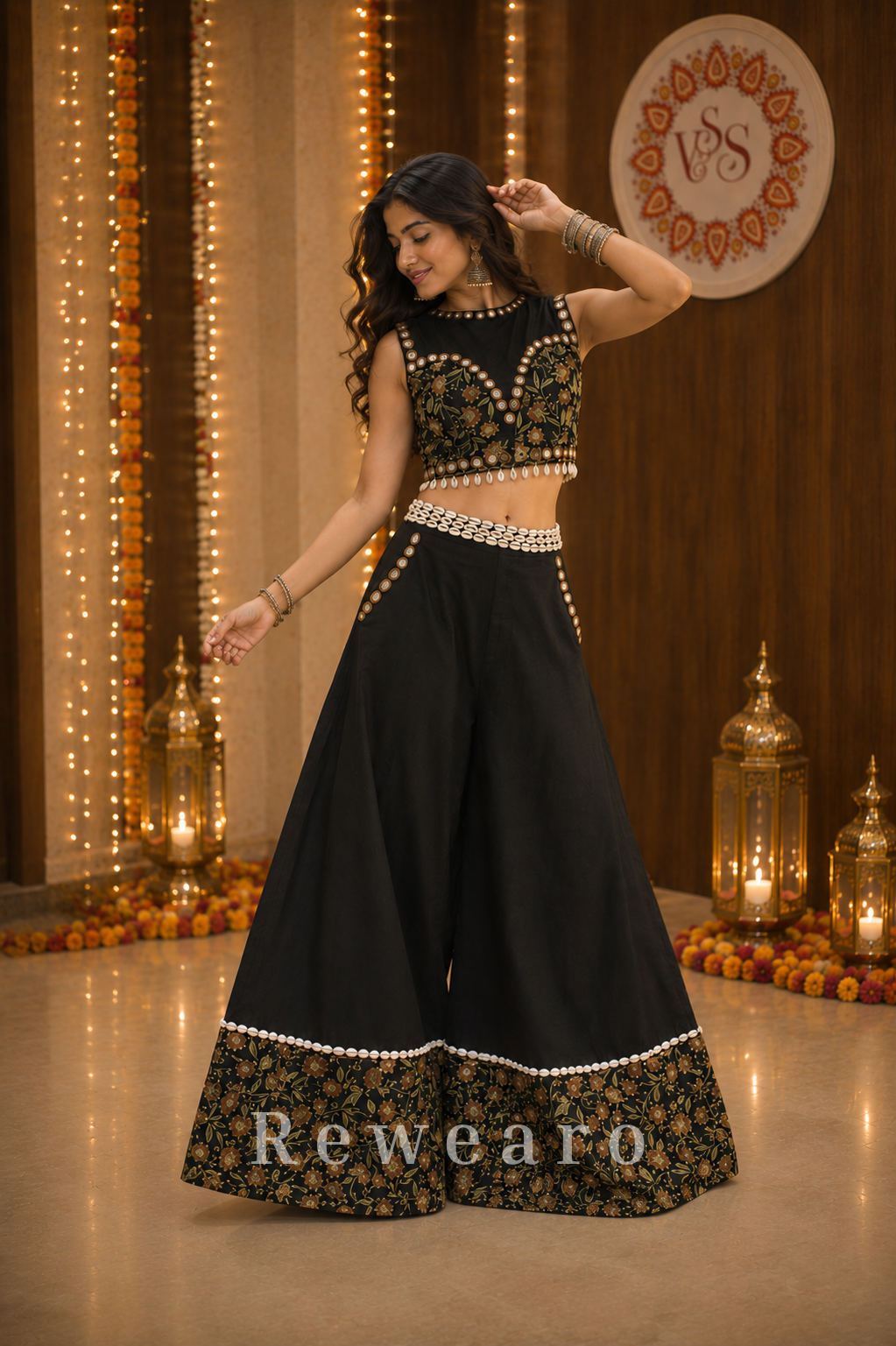 Siyah Sunehri Floral Mirrorwork Palazzo Set with Embellished Crop Top