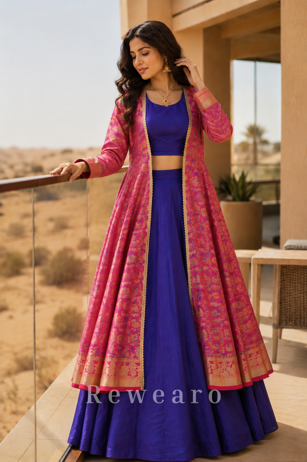 Royal Blue Lehenga Set with Pink Banarasi Style Jacket