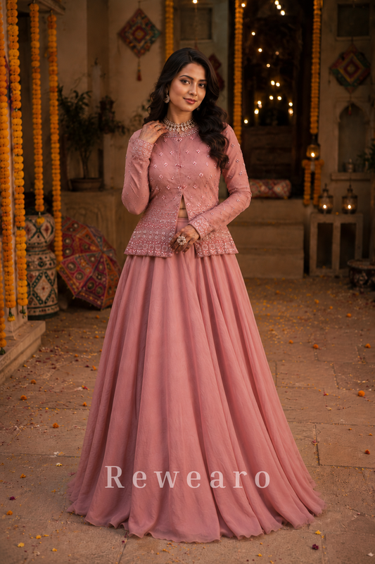 Dusty Rose Embellished Jacket Style Lehenga Set with Flowing Flared Skirt