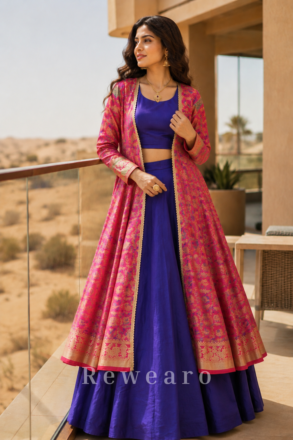 Royal Blue Lehenga Set with Pink Banarasi Style Jacket