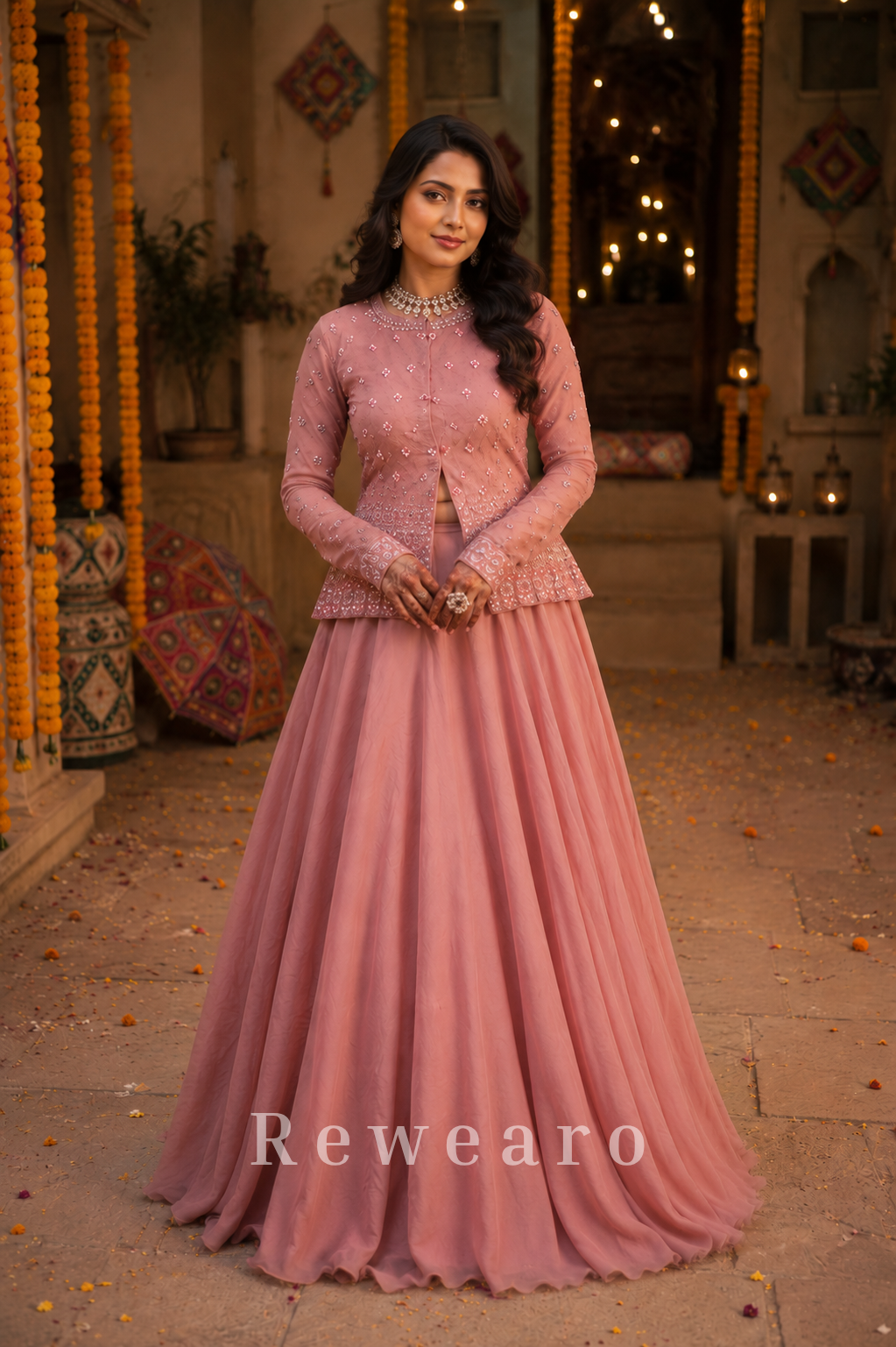 Dusty Rose Embellished Jacket Style Lehenga Set with Flowing Flared Skirt