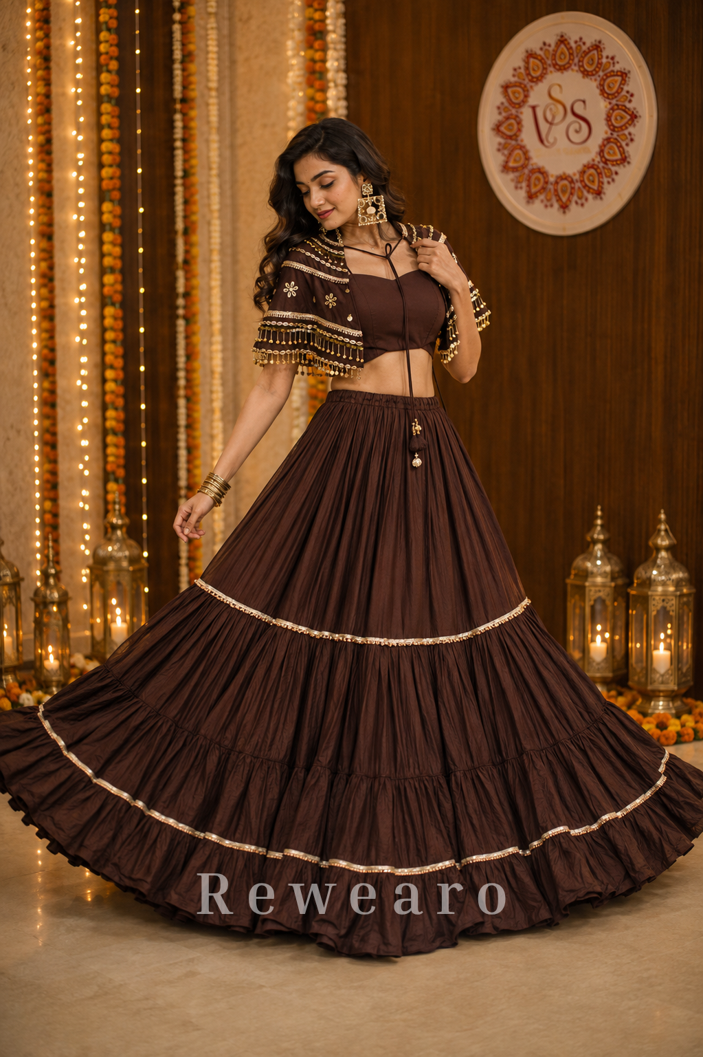 Cocoa Noor Tiered Kalidar Lehenga with Embellished Cape & Bustier