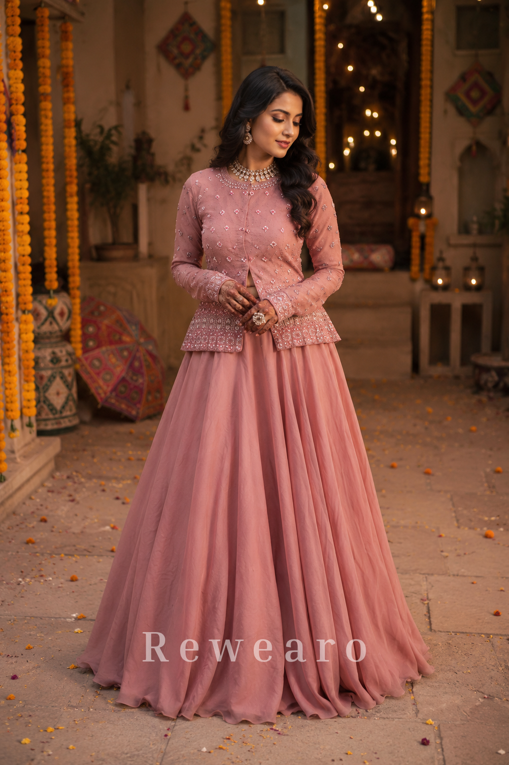 Dusty Rose Embellished Jacket Style Lehenga Set with Flowing Flared Skirt