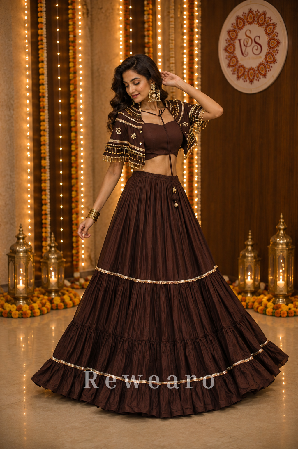 Cocoa Noor Tiered Kalidar Lehenga with Embellished Cape & Bustier