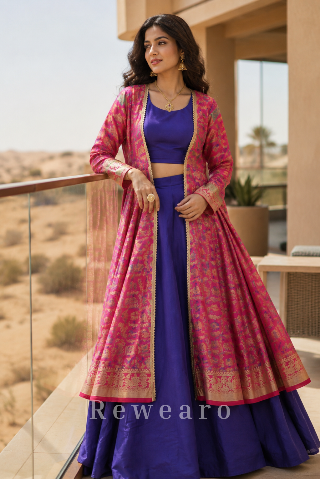 Royal Blue Lehenga Set with Pink Banarasi Style Jacket