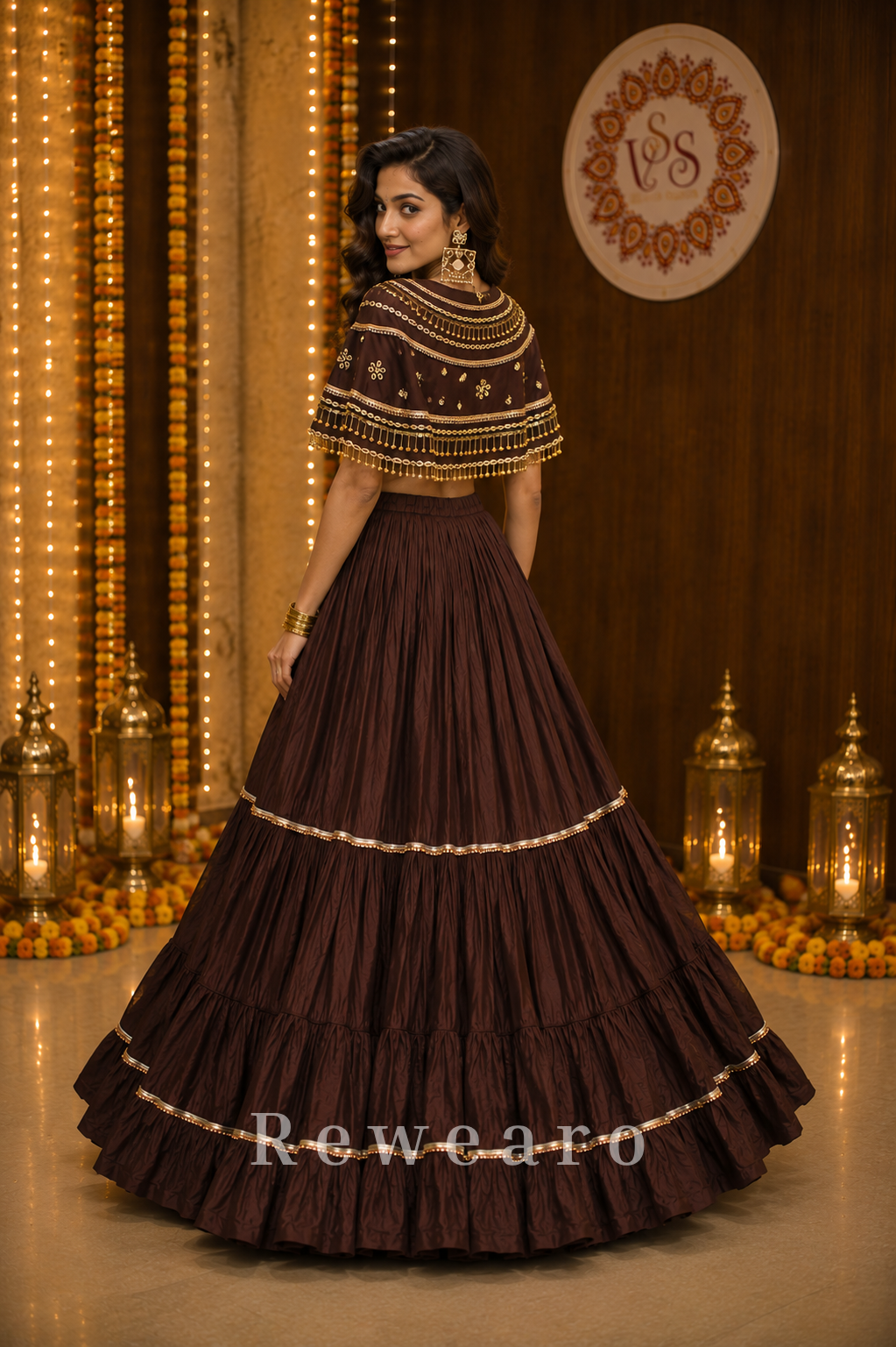 Cocoa Noor Tiered Kalidar Lehenga with Embellished Cape & Bustier