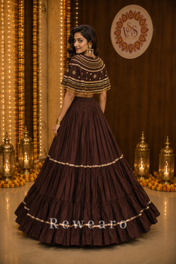 Cocoa Noor Tiered Kalidar Lehenga with Embellished Cape & Bustier - View 3