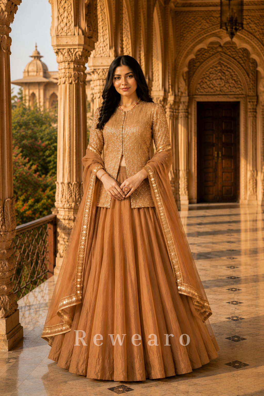Champagne Sequin Embellished Jacket Style Lehenga Set with Border Dupatta