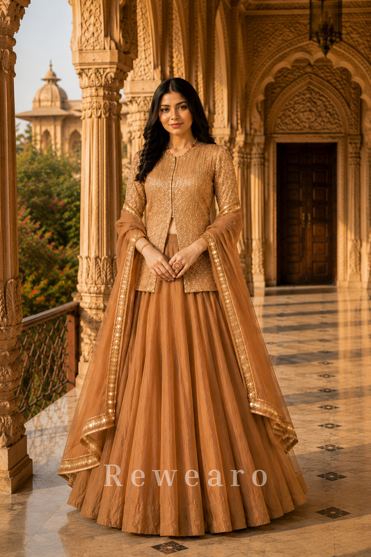 Champagne Sequin Embellished Jacket Style Lehenga Set with Border Dupatta