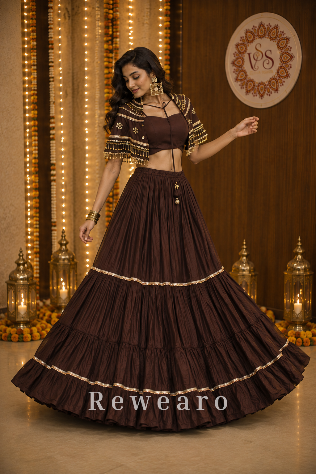 Cocoa Noor Tiered Kalidar Lehenga with Embellished Cape & Bustier