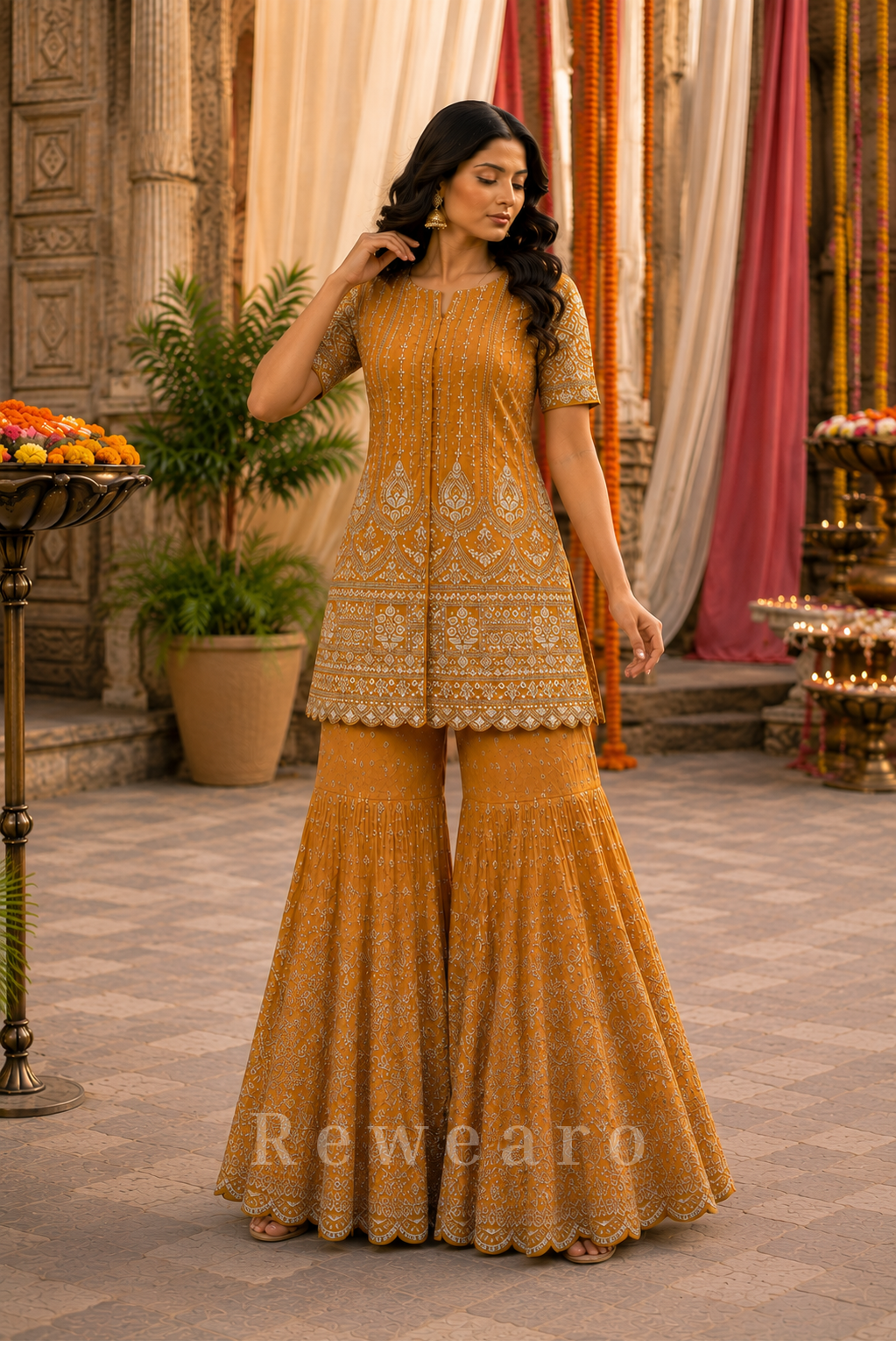 Mustard Embroidered Kurta Sharara Set