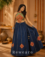 Navy Blue Printed Lehenga with Multicoloured Kutchi Embroidered Halter Blouse & Tasselled Details
