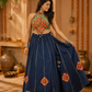Navy Blue Printed Lehenga with Multicoloured Kutchi Embroidered Halter Blouse & Tasselled Details