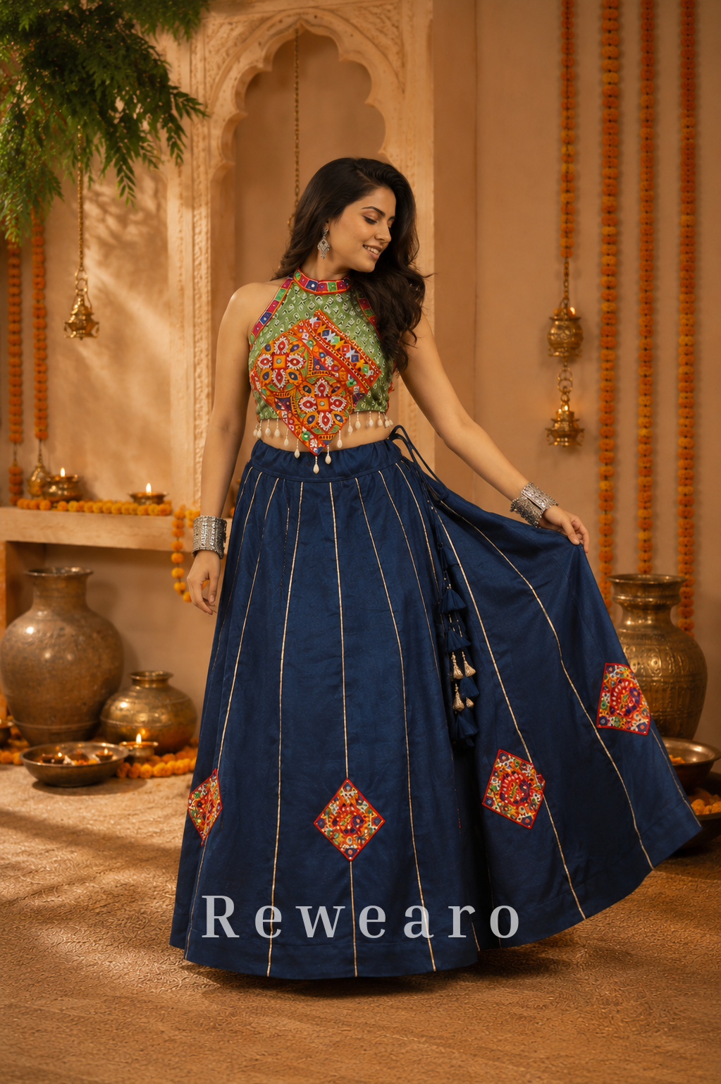 Navy Blue Printed Lehenga with Multicoloured Kutchi Embroidered Halter Blouse & Tasselled Details