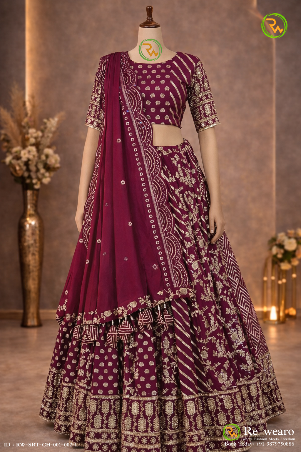 Wine Bandhani Embroidered Lehenga Set with Matching Embroidered Border Dupatta