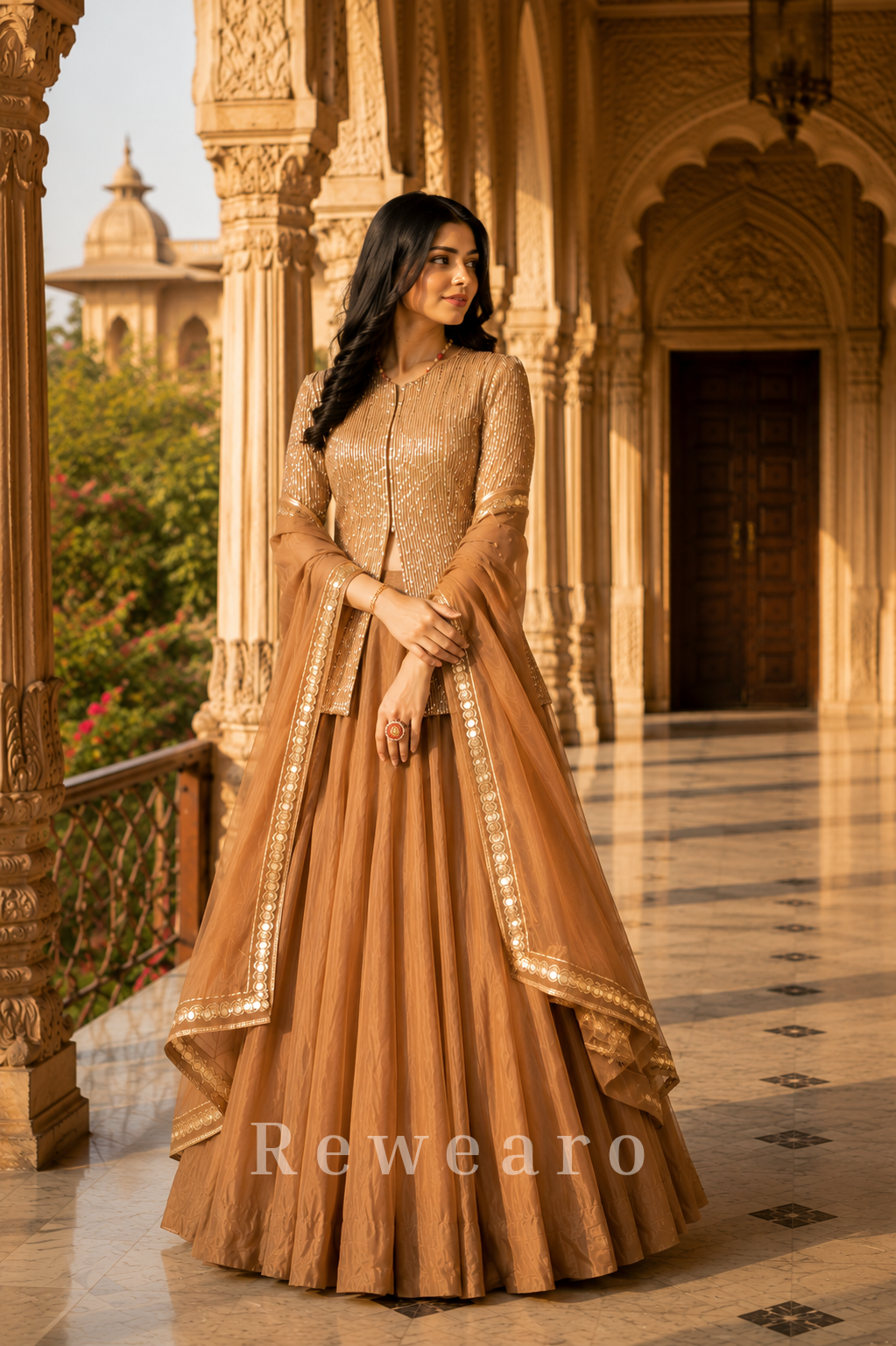 Champagne Sequin Embellished Jacket Style Lehenga Set with Border Dupatta