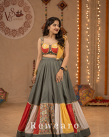 Multicolour Patchwork Panelled Lehenga with Folk-Art Blouse & Mustard Draped Dupatta