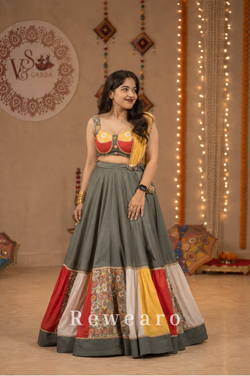 Multicolour Patchwork Panelled Lehenga with Folk-Art Blouse & Mustard Draped Dupatta
