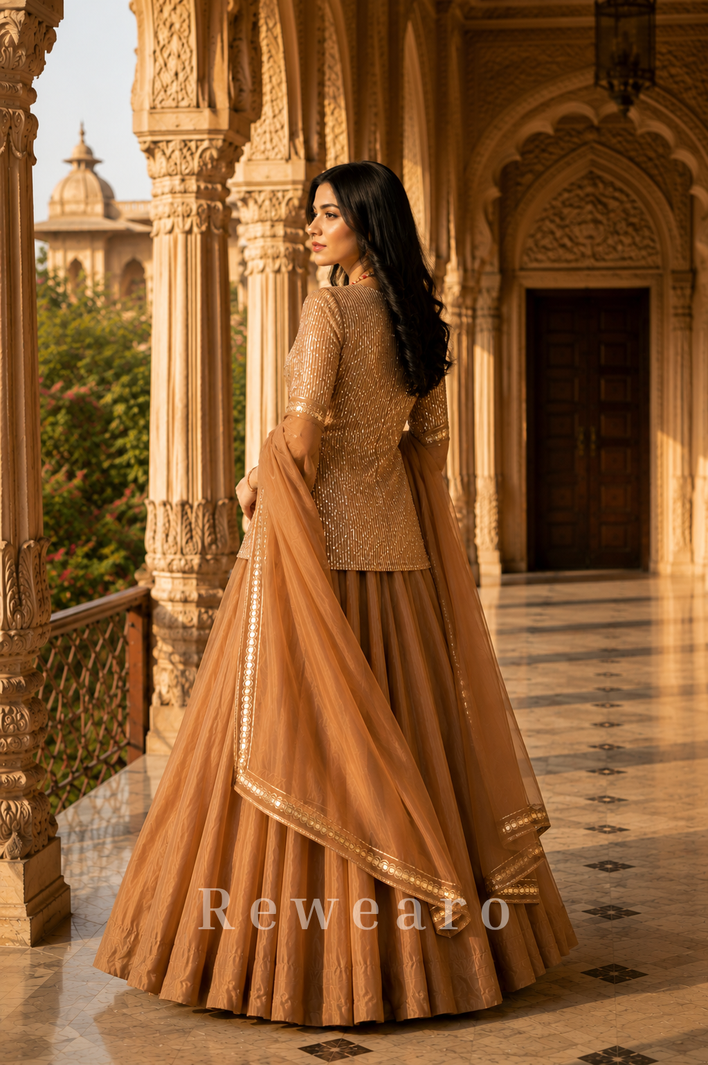 Champagne Sequin Embellished Jacket Style Lehenga Set with Border Dupatta