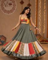 Multicolour Patchwork Panelled Lehenga with Folk-Art Blouse & Mustard Draped Dupatta