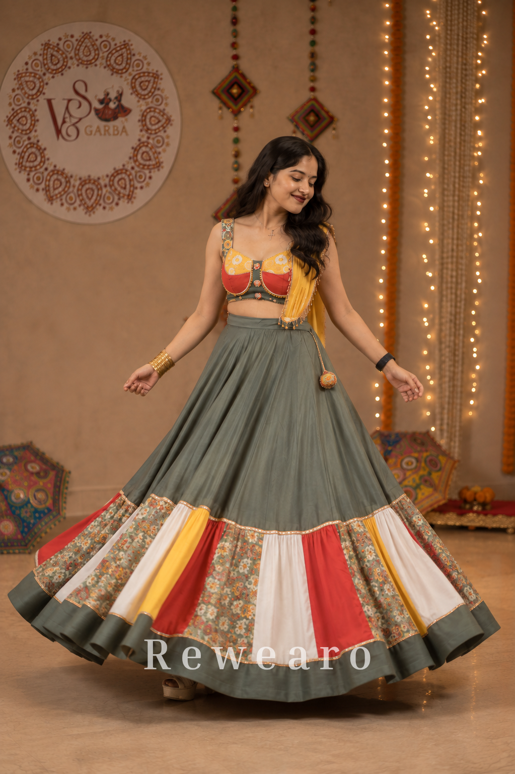 Multicolour Patchwork Panelled Lehenga with Folk-Art Blouse & Mustard Draped Dupatta