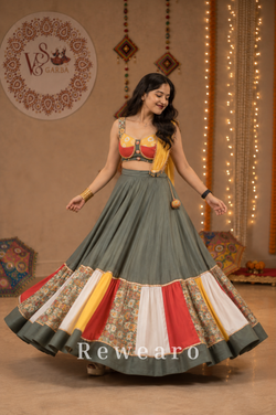 Multicolour Patchwork Panelled Lehenga with Folk-Art Blouse & Mustard Draped Dupatta - View 2