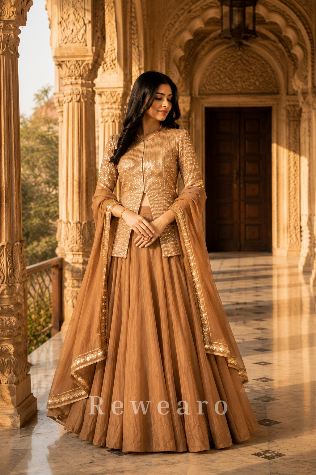 Champagne Sequin Embellished Jacket Style Lehenga Set with Border Dupatta
