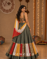 Multicolour Patchwork Panelled Lehenga with Folk-Art Blouse & Mustard Draped Dupatta