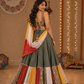 Multicolour Patchwork Panelled Lehenga with Folk-Art Blouse & Mustard Draped Dupatta