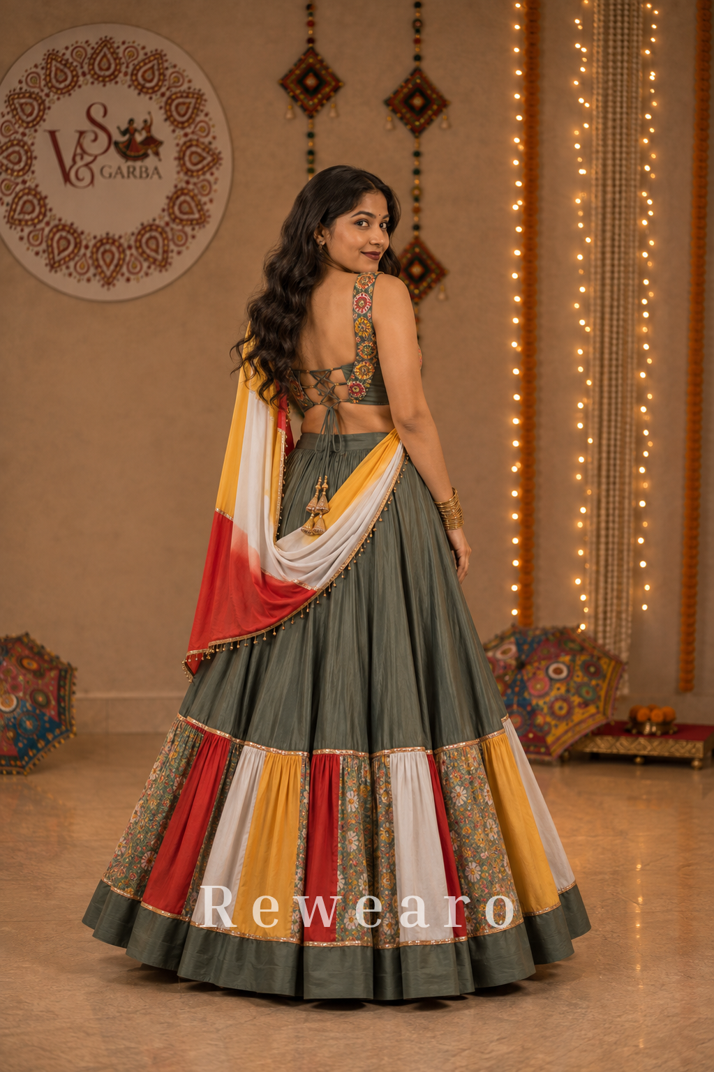 Multicolour Patchwork Panelled Lehenga with Folk-Art Blouse & Mustard Draped Dupatta