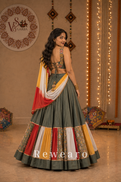 Multicolour Patchwork Panelled Lehenga with Folk-Art Blouse & Mustard Draped Dupatta - View 3