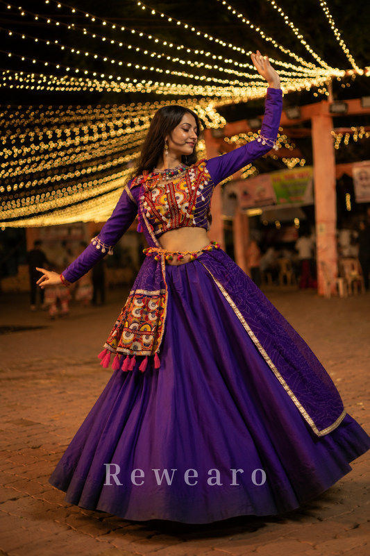 Royal Purple Mirror Work Lehenga Set with Multicolor Kutchi Embroidered Blouse