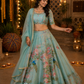 Ethereal Aqua Floral Peacock Printed Lehenga Set with Delicate Embroidered Blouse and Dupatta