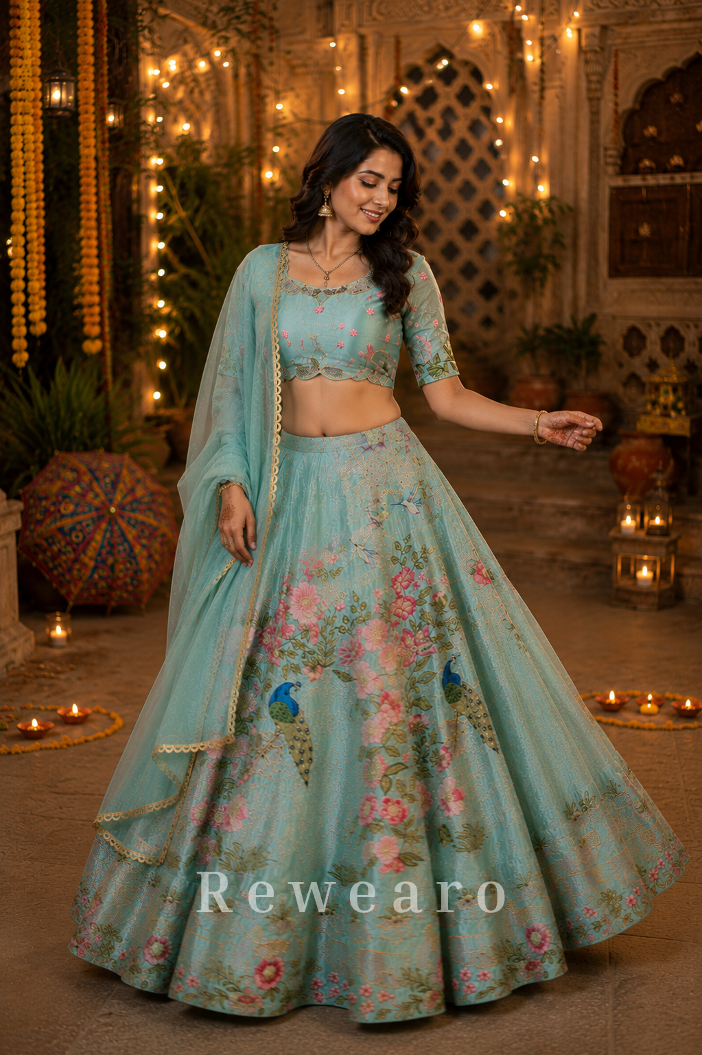 Ethereal Aqua Floral Peacock Printed Lehenga Set with Delicate Embroidered Blouse and Dupatta