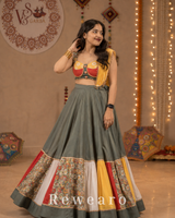 Multicolour Patchwork Panelled Lehenga with Folk-Art Blouse & Mustard Draped Dupatta