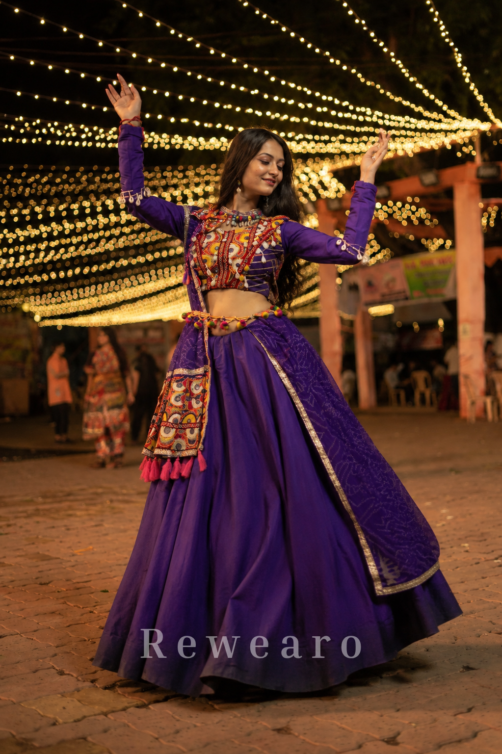 Royal Purple Mirror Work Lehenga Set with Multicolor Kutchi Embroidered Blouse
