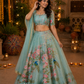 Ethereal Aqua Floral Peacock Printed Lehenga Set with Delicate Embroidered Blouse and Dupatta