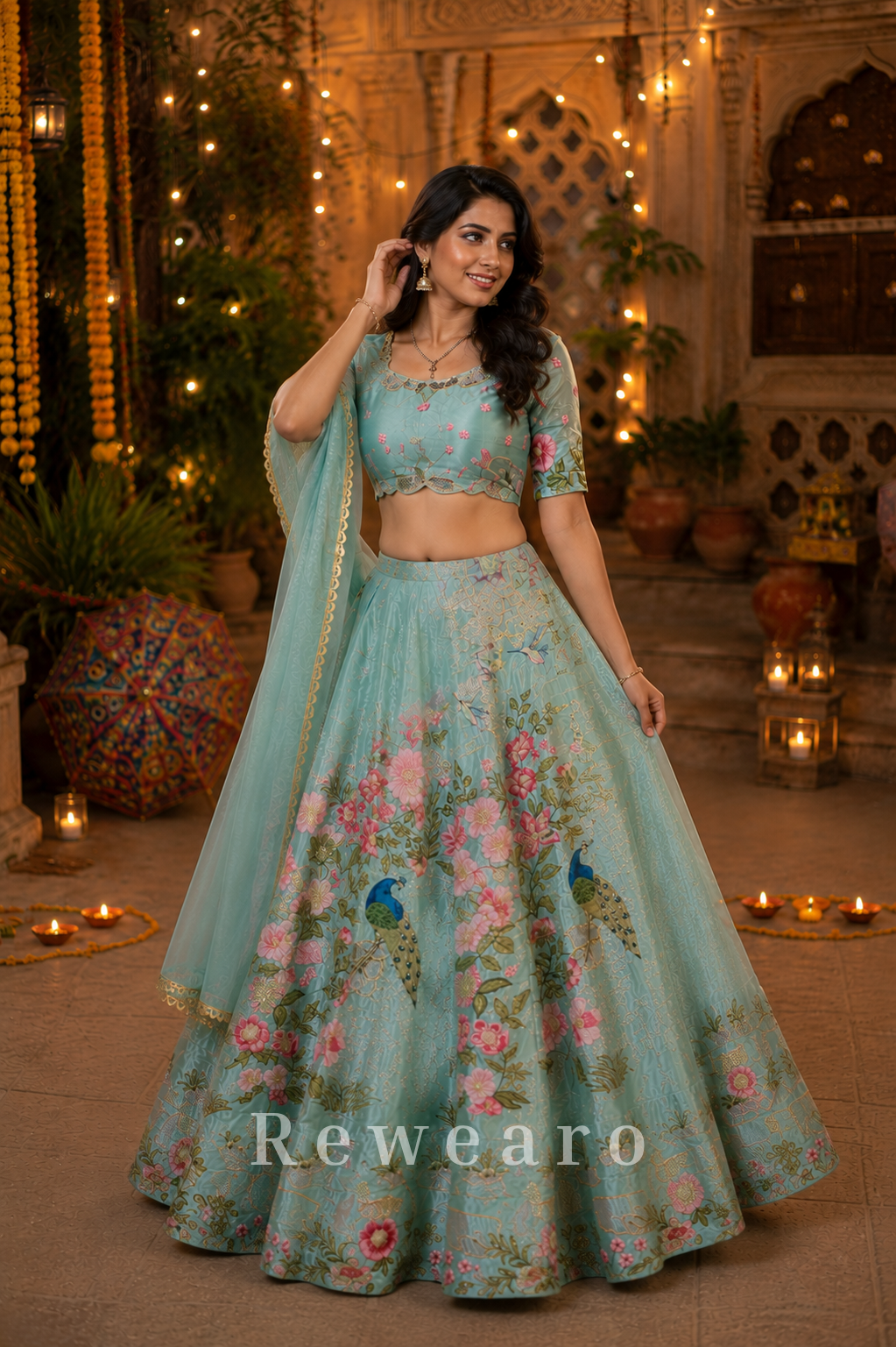 Ethereal Aqua Floral Peacock Printed Lehenga Set with Delicate Embroidered Blouse and Dupatta