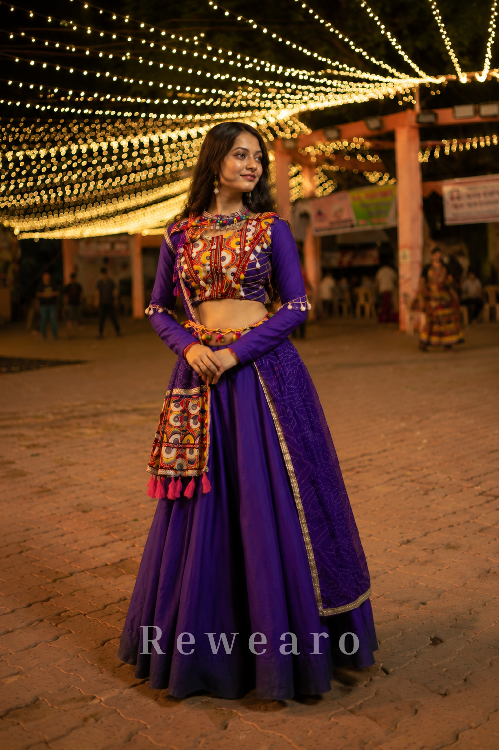 Royal Purple Mirror Work Lehenga Set with Multicolor Kutchi Embroidered Blouse