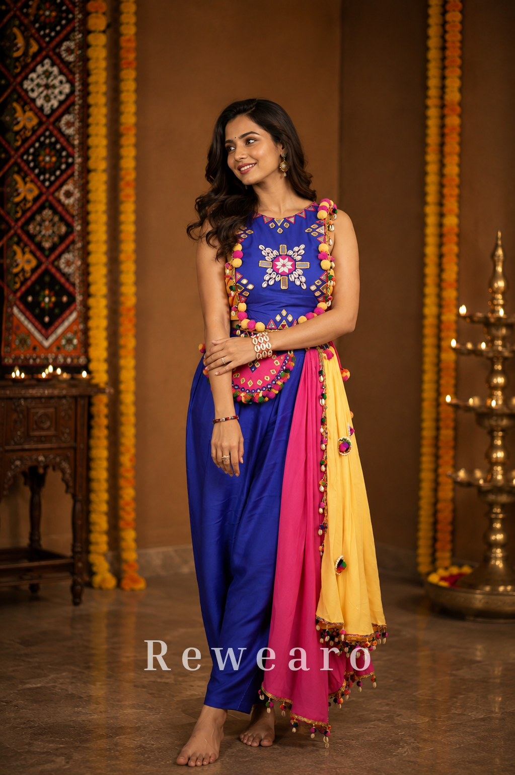 Royal Blue Embellished Kurta-Palazzo Set with Multicolour Pom-Pom Dupatta