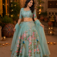 Ethereal Aqua Floral Peacock Printed Lehenga Set with Delicate Embroidered Blouse and Dupatta