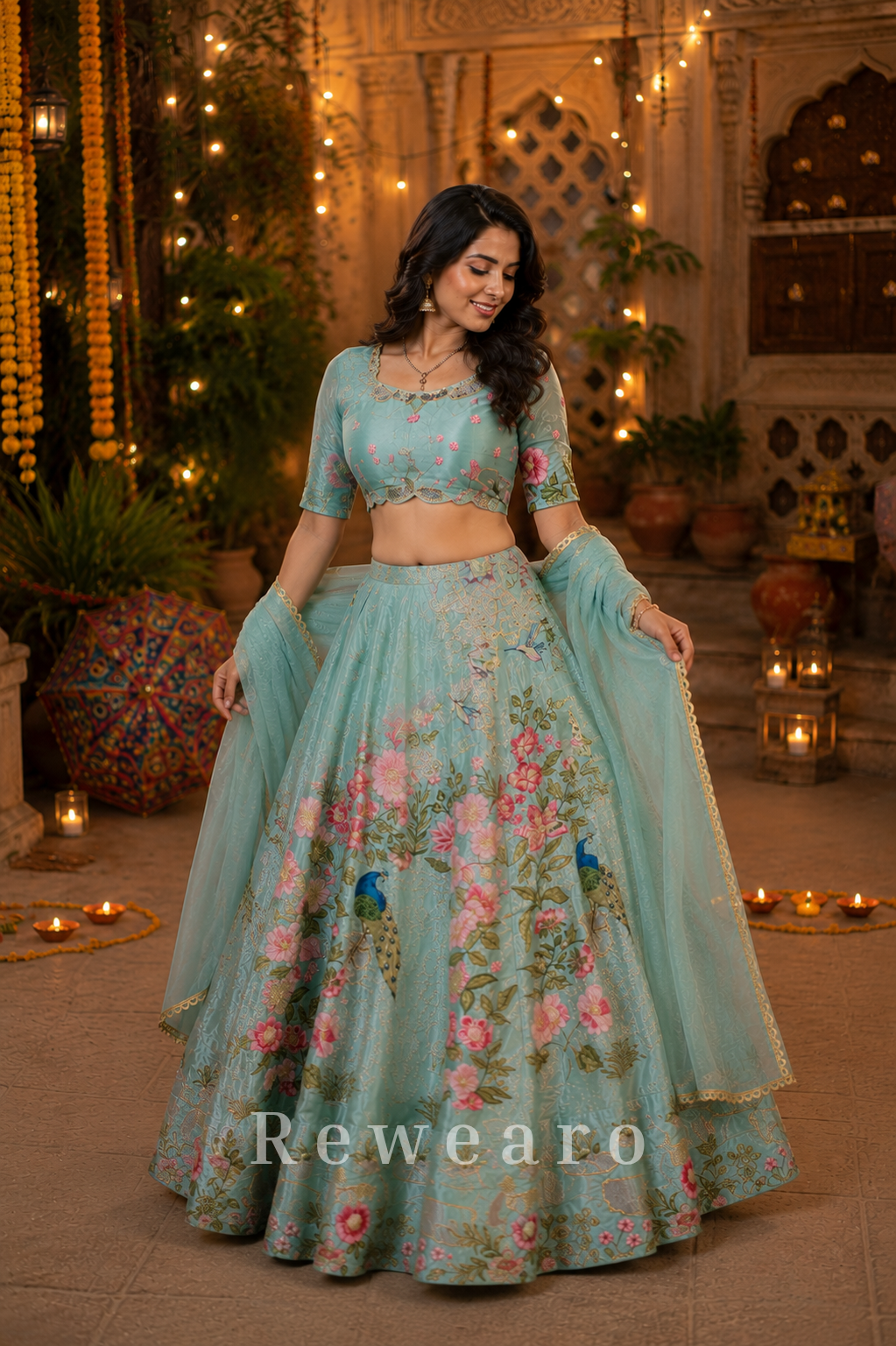 Ethereal Aqua Floral Peacock Printed Lehenga Set with Delicate Embroidered Blouse and Dupatta