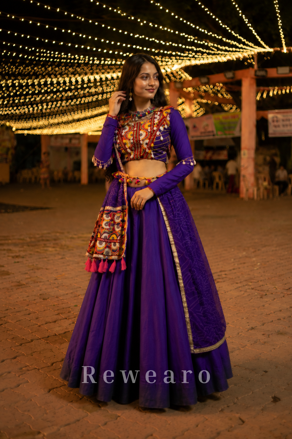 Royal Purple Mirror Work Lehenga Set with Multicolor Kutchi Embroidered Blouse