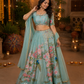 Ethereal Aqua Floral Peacock Printed Lehenga Set with Delicate Embroidered Blouse and Dupatta
