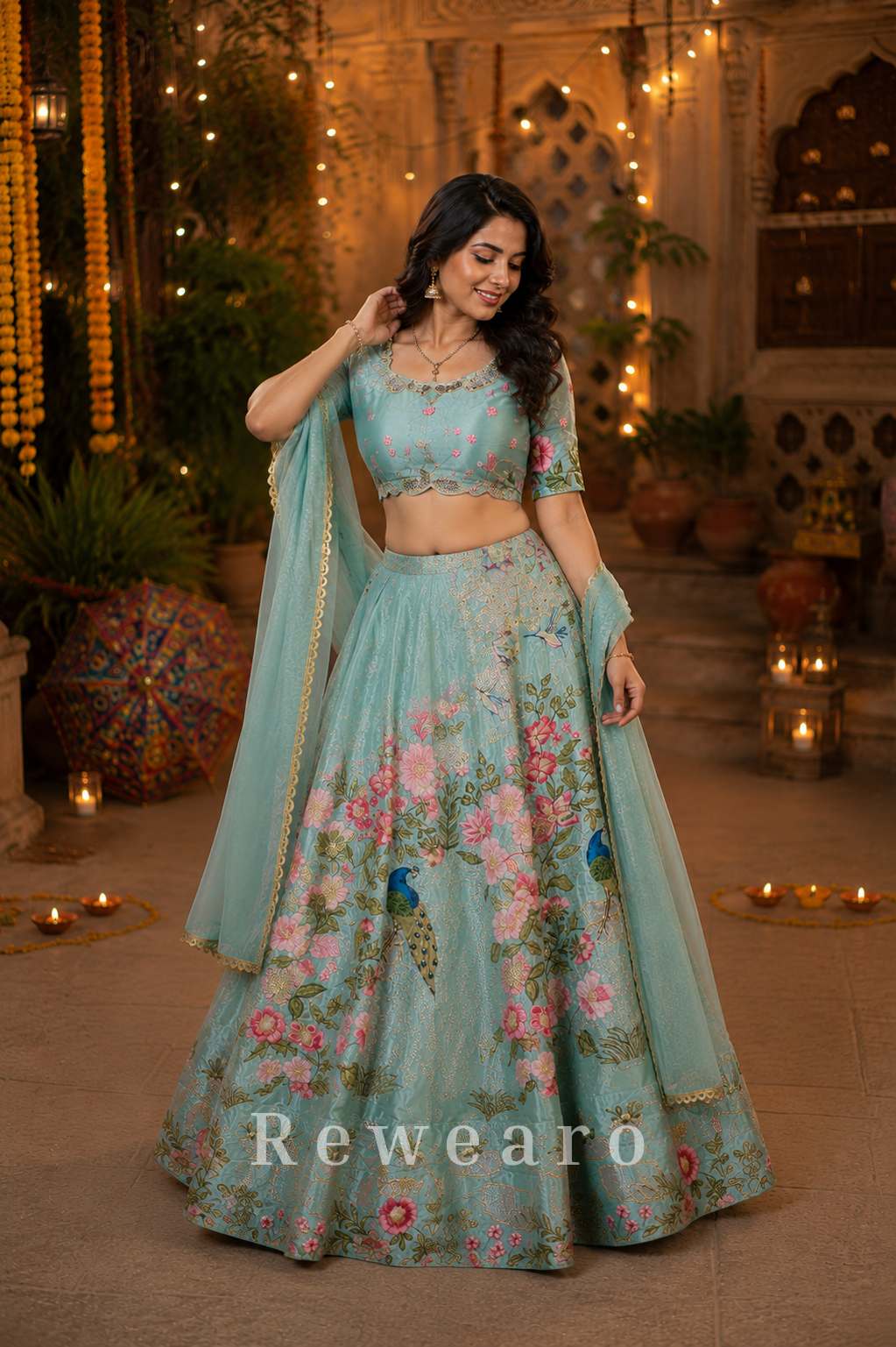 Ethereal Aqua Floral Peacock Printed Lehenga Set with Delicate Embroidered Blouse and Dupatta