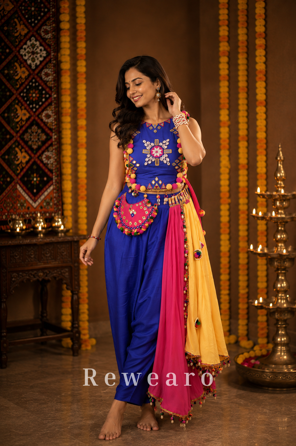 Royal Blue Embellished Kurta-Palazzo Set with Multicolour Pom-Pom Dupatta
