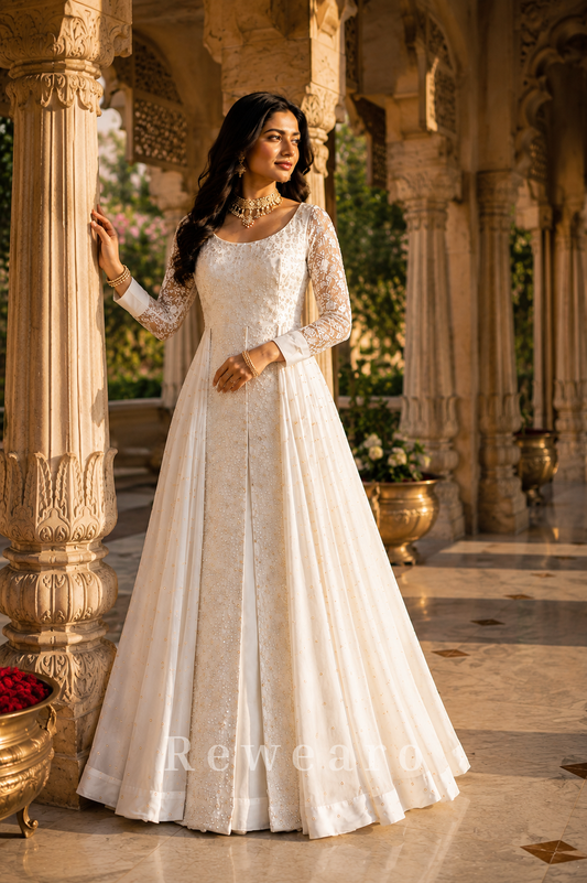 Pearl White Sequin Embroidered Cape Style Anarkali Gown
