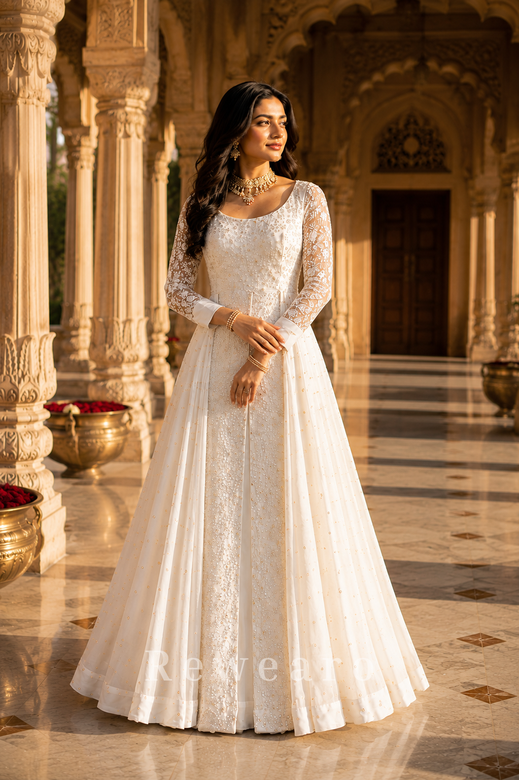 Pearl White Sequin Embroidered Cape Style Anarkali Gown