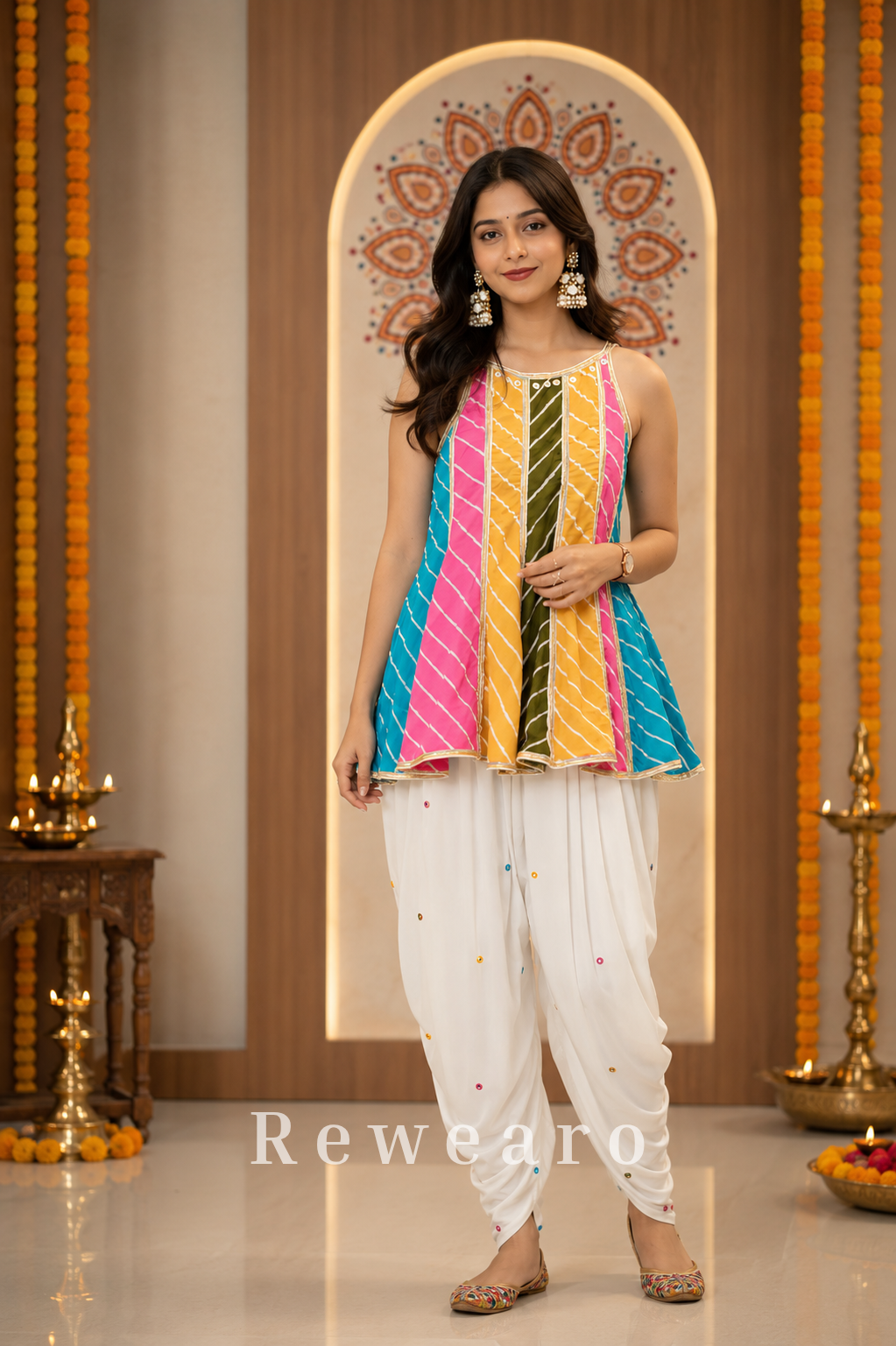 Multicolour Striped Flared Kurti with Sequin-Detailed Dhoti Pants