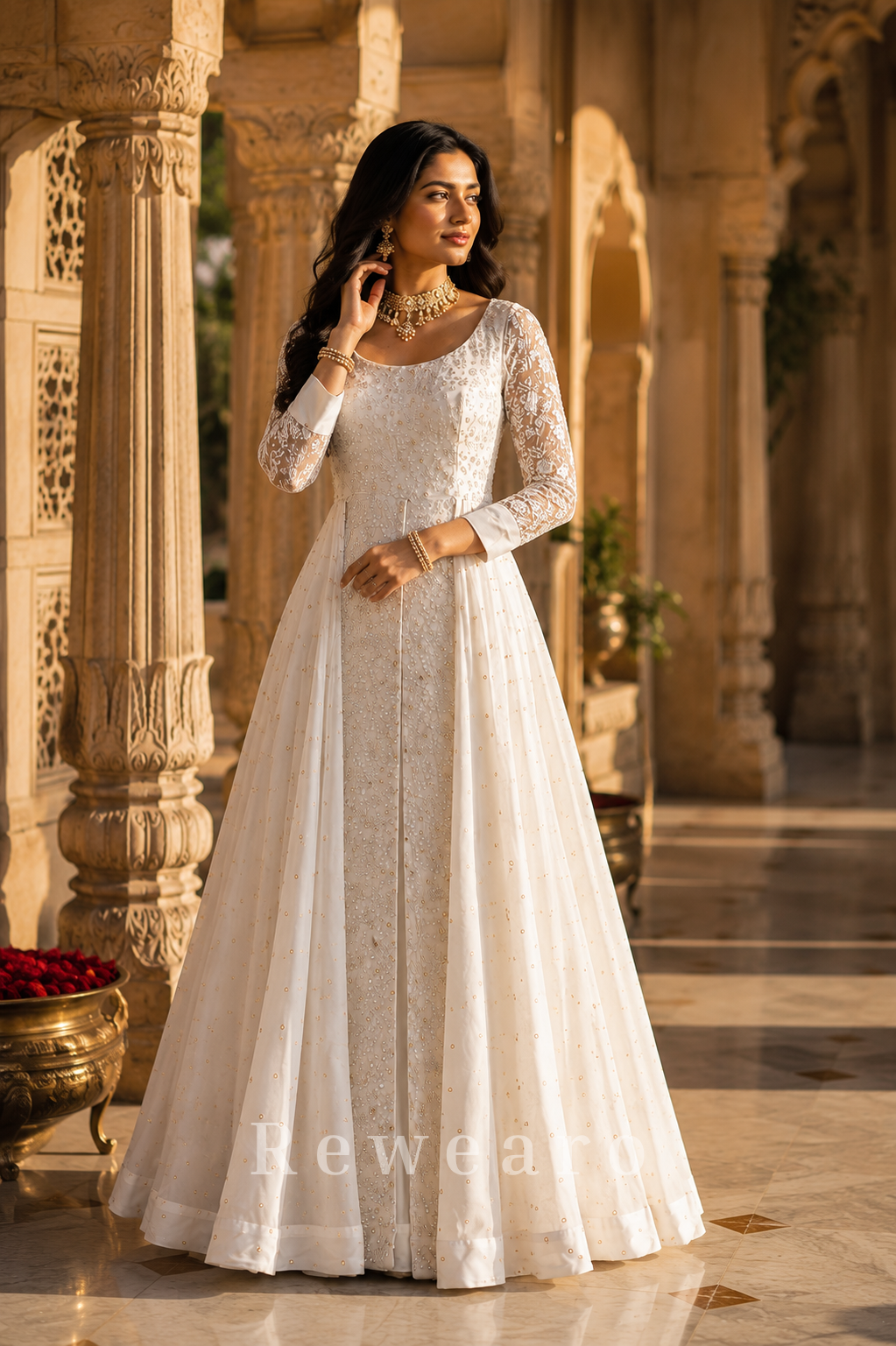 Pearl White Sequin Embroidered Cape Style Anarkali Gown